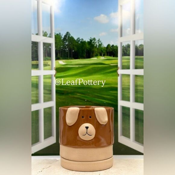 Pirulo Dog Brown/ Beige Ceramic Planter Pot with Saucer Attached - Picture 11 of 11